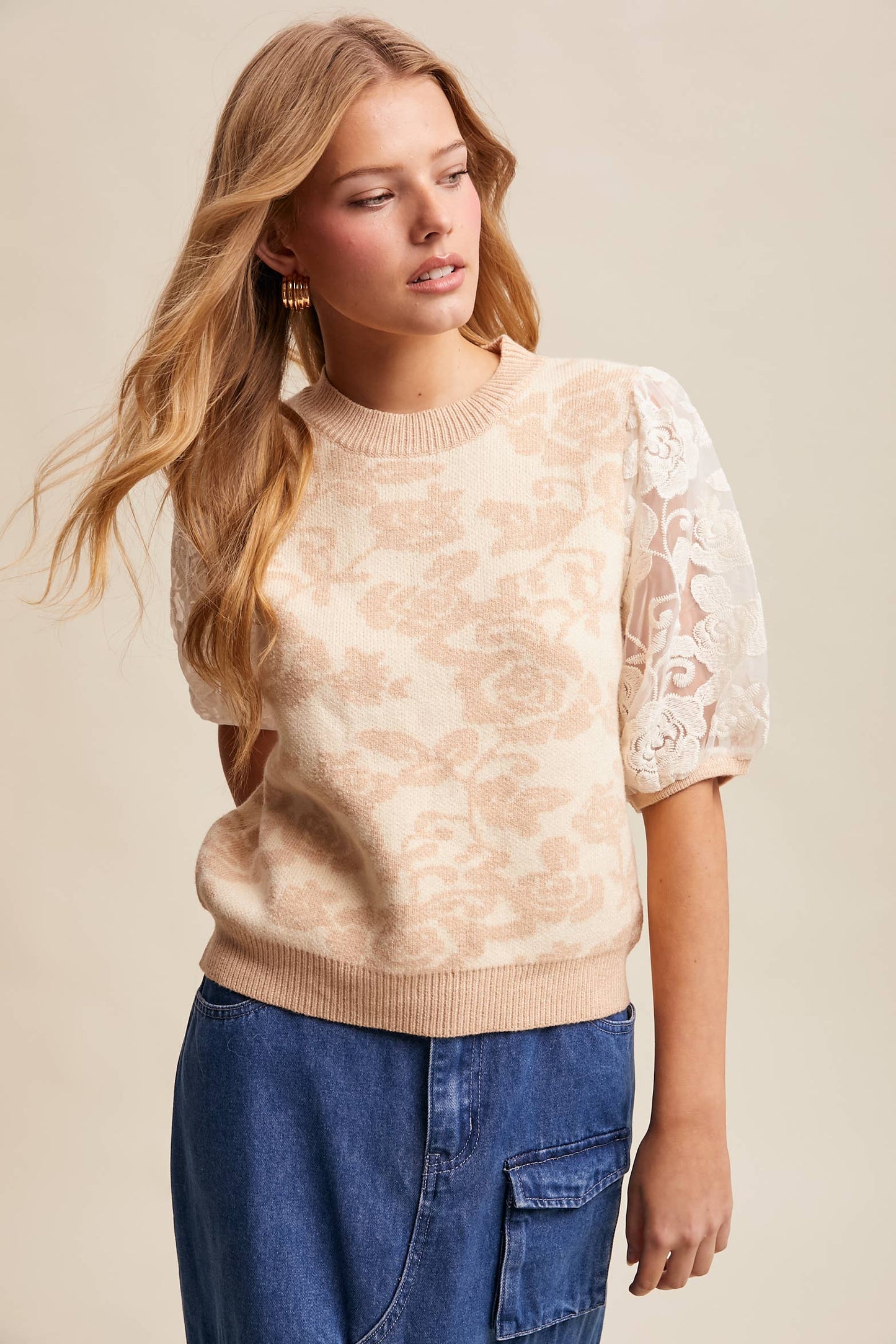 Rose Embroidered Contrast Knit Top