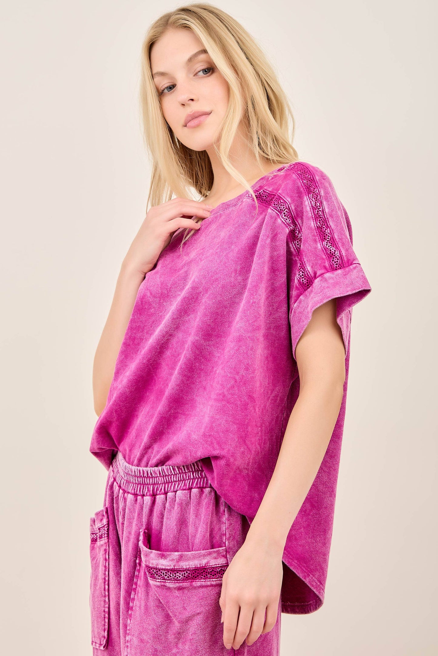 Mineral Washed Flower Trimmed Top