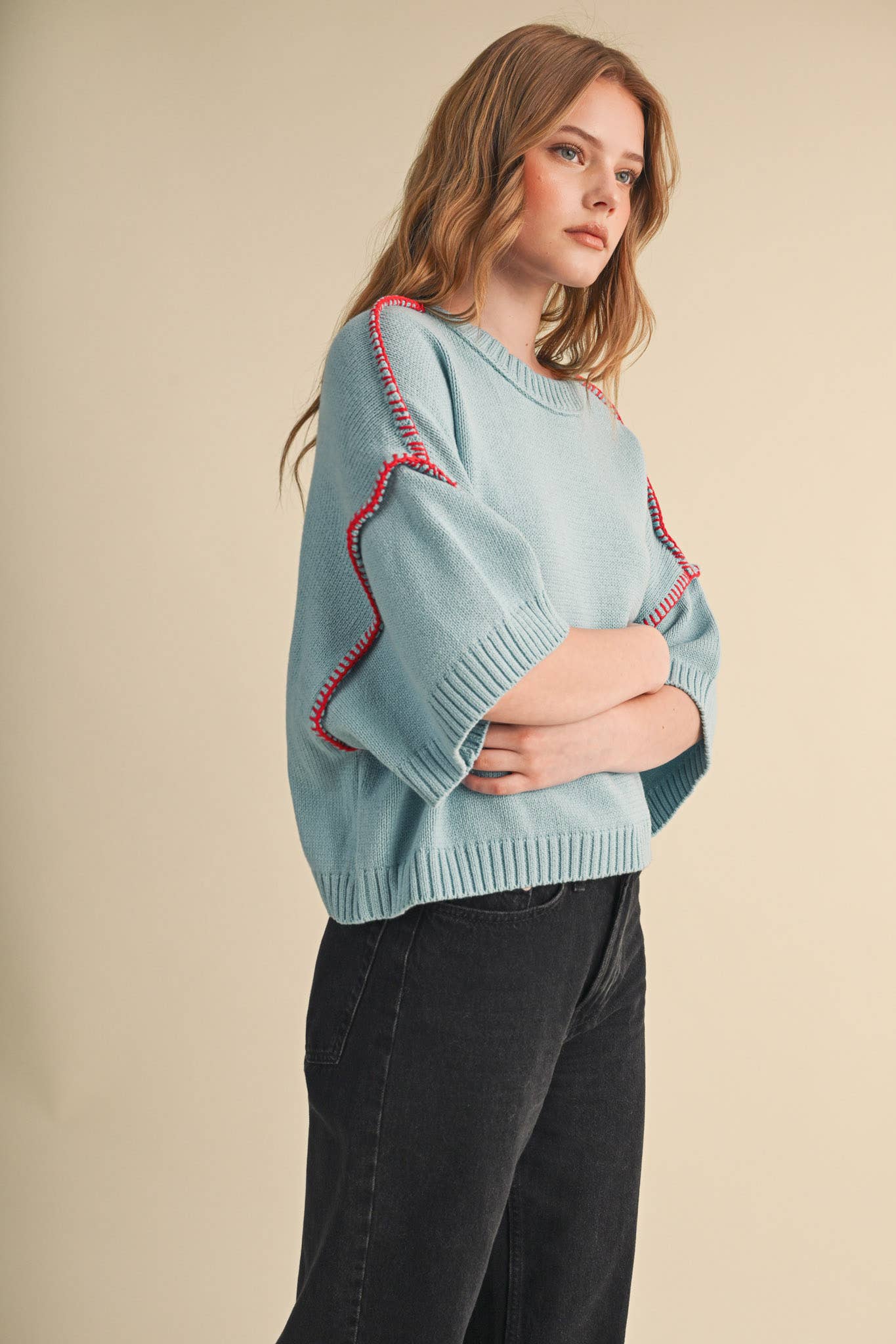 Lori Short Sleeve Blanket Stitch Sweater