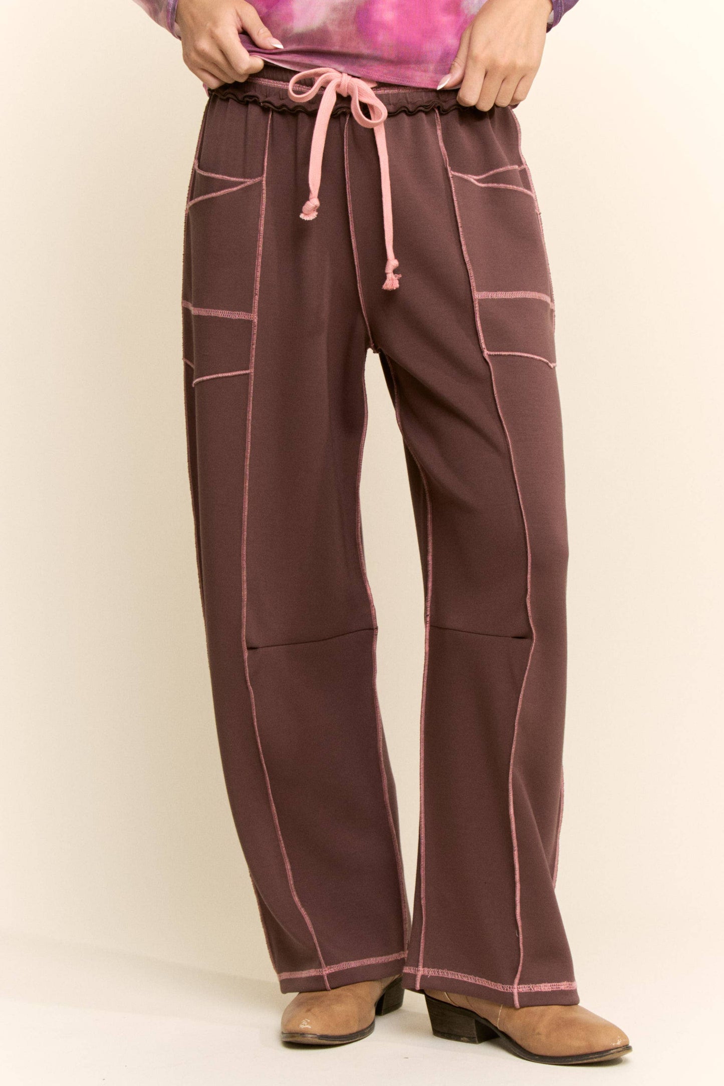 Mocha with Pink Trim Barrel Pants