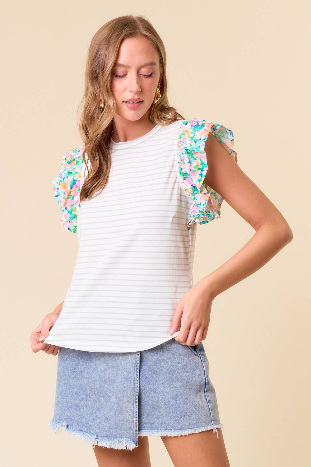 Daphne Ruffle Cap Sleeve Stripe & Floral Mixed Top