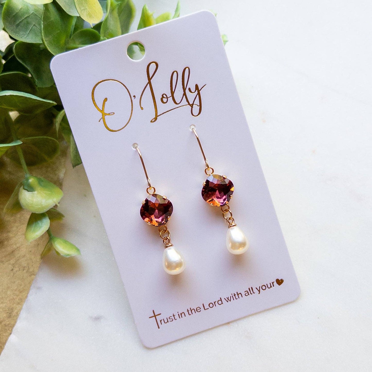 Maroon Crystal Heart & Pearl Drop Earrings