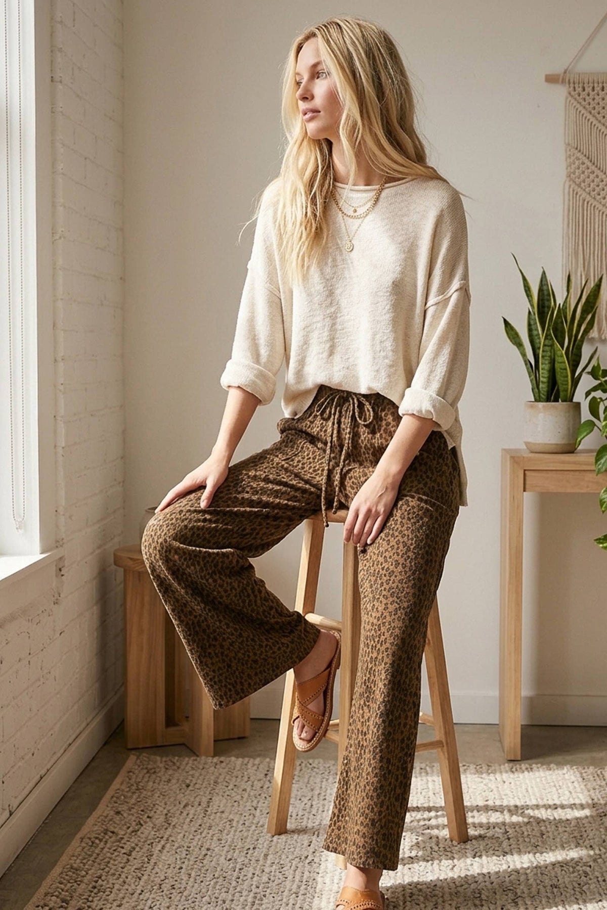 Leopard Wide Leg Drawstring Pants