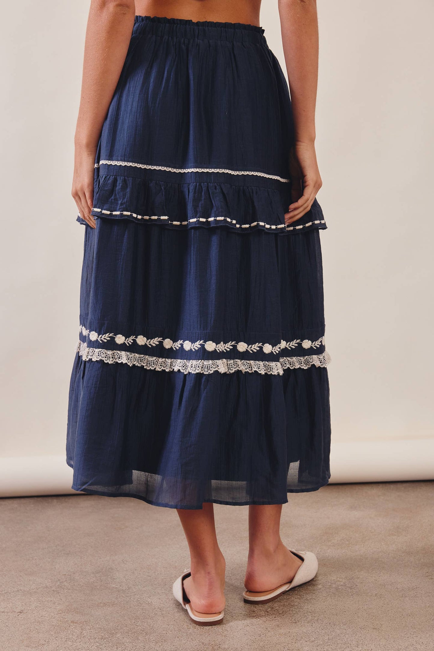 The Lace Trimmed Embroidered Tiered Maxi Skirt