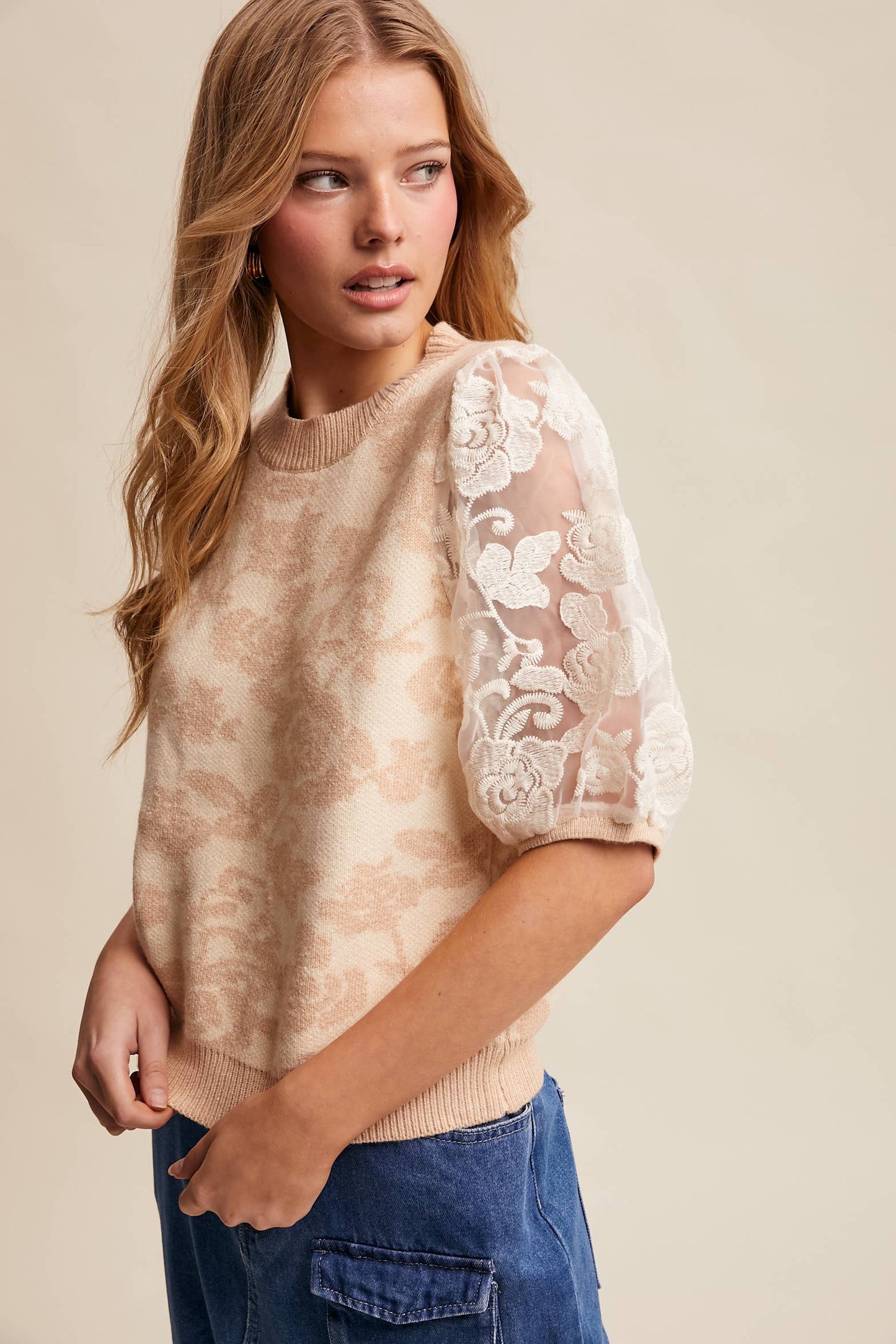 Rose Embroidered Contrast Knit Top