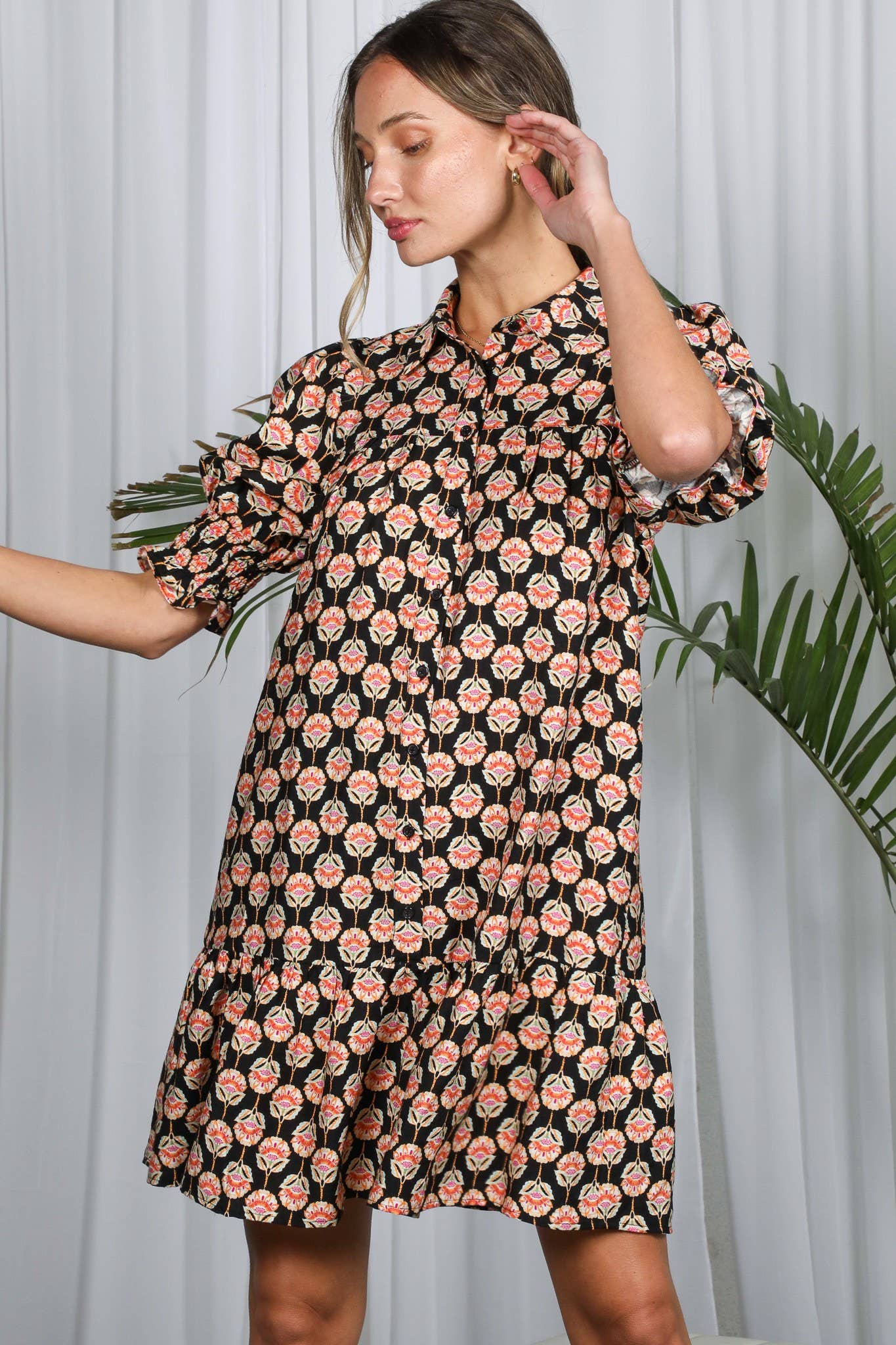 Floral Geo Smocked Ruffled Shirt Dress