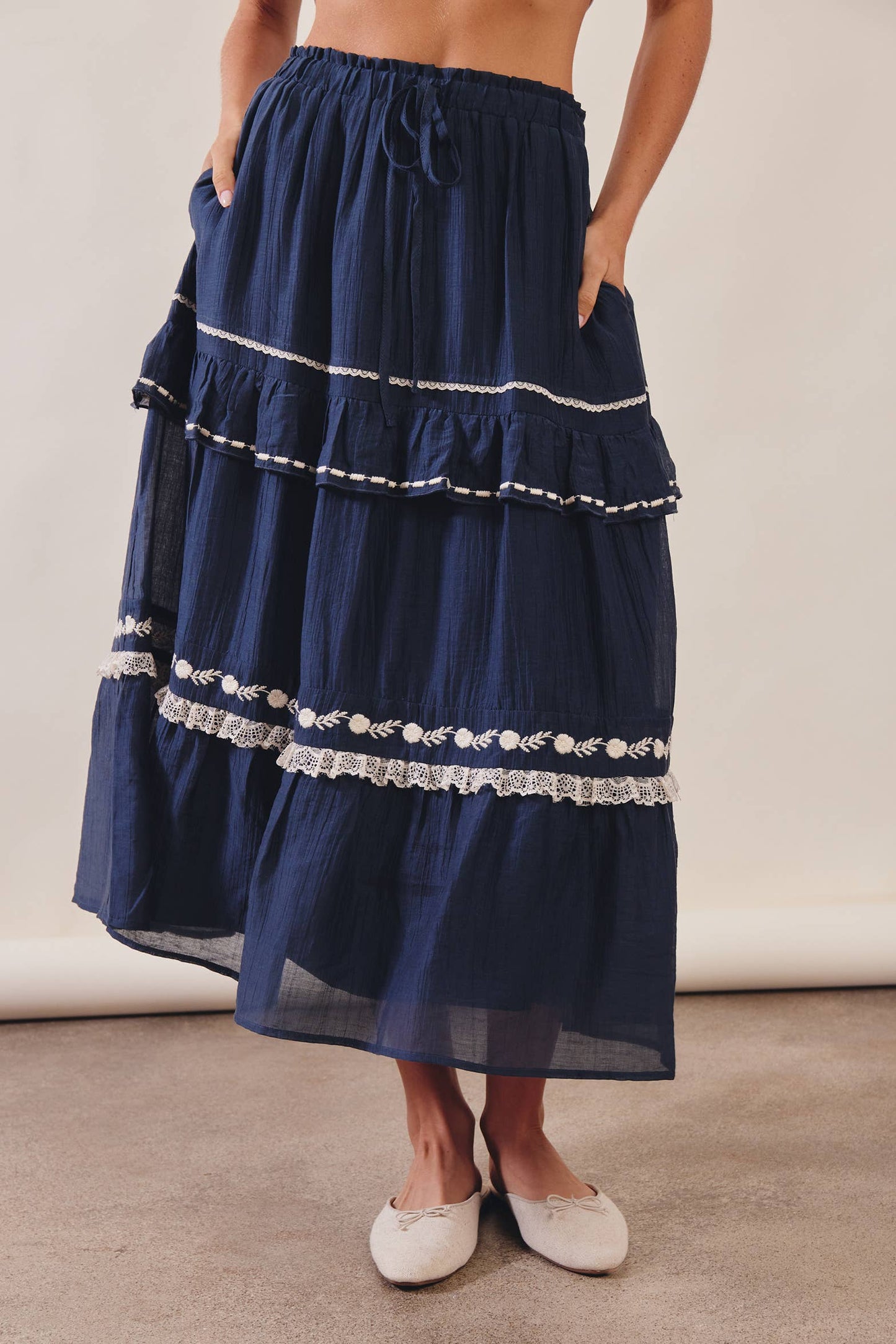 The Lace Trimmed Embroidered Tiered Maxi Skirt