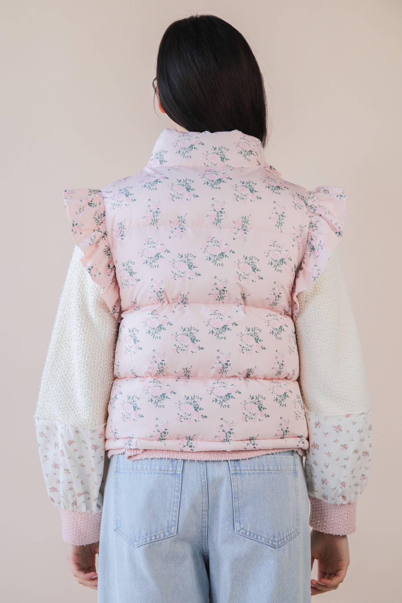 Floral Bow Ruffle Sleeve Puffer Vest
