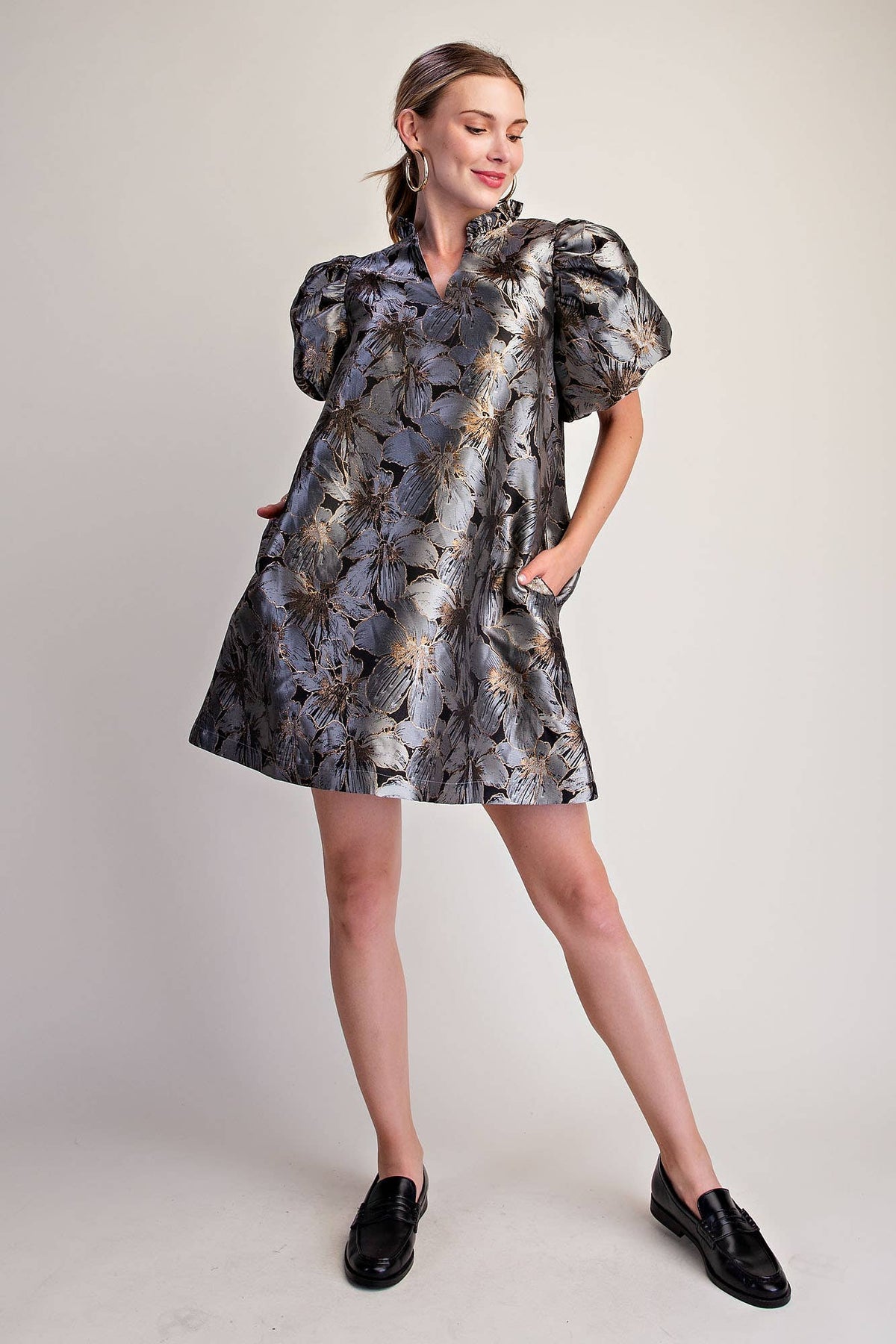 Metallic Jacquard Puff Sleeve Mini Dress