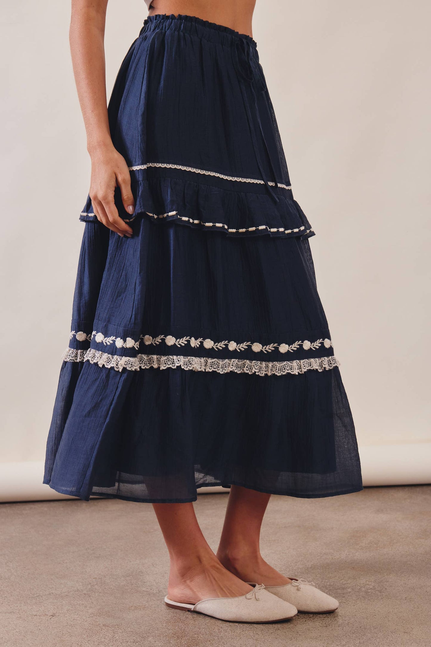 The Lace Trimmed Embroidered Tiered Maxi Skirt