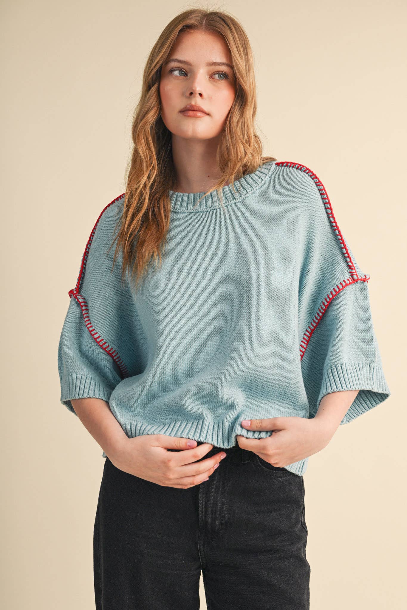 Lori Short Sleeve Blanket Stitch Sweater