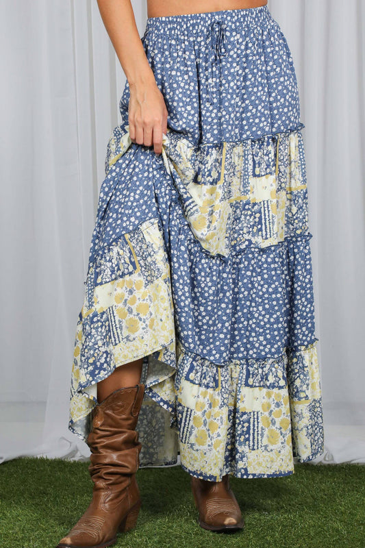 Patchwork Floral Print Boho Skirt