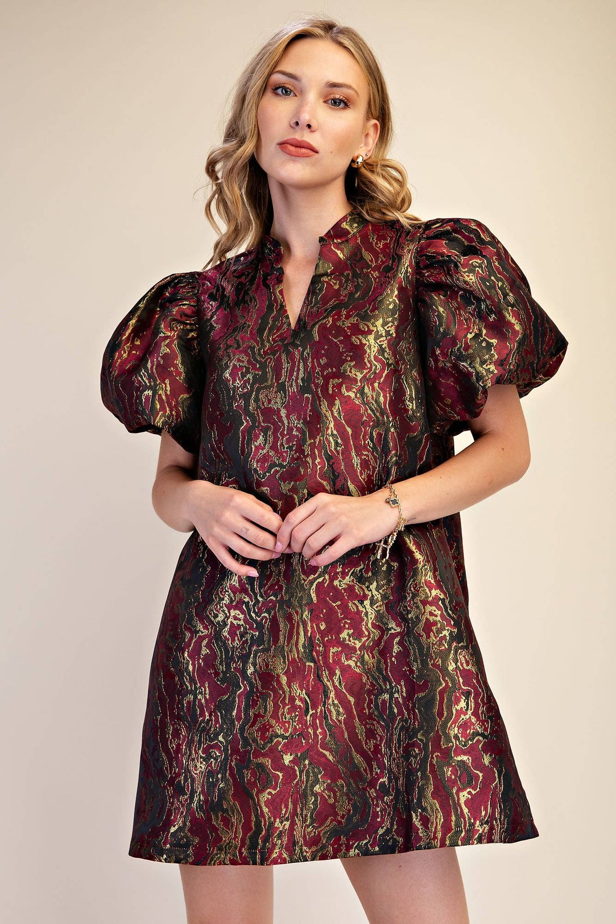 Metallic Jacquard Puff Sleeve Dress