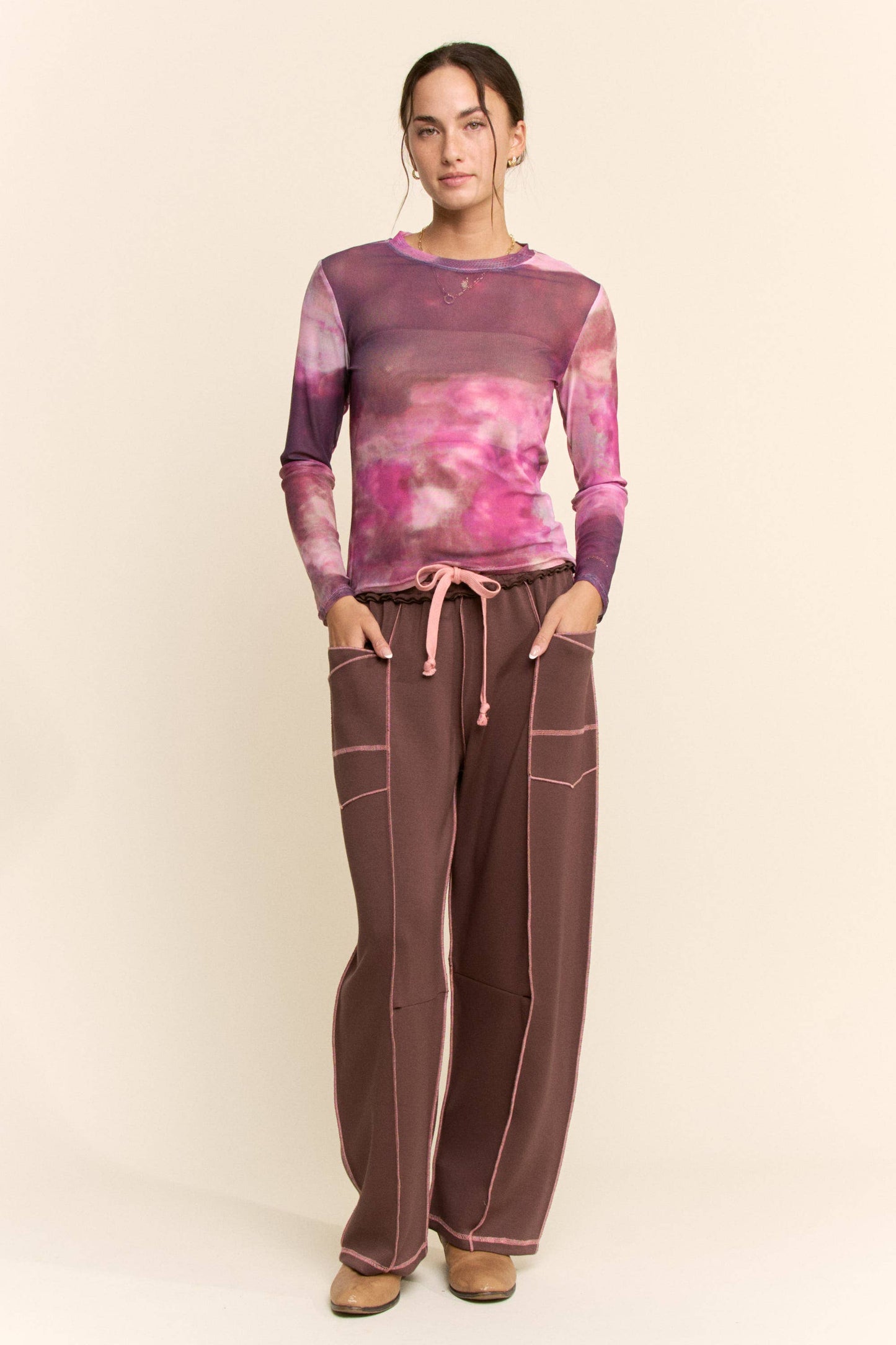 Mocha with Pink Trim Barrel Pants