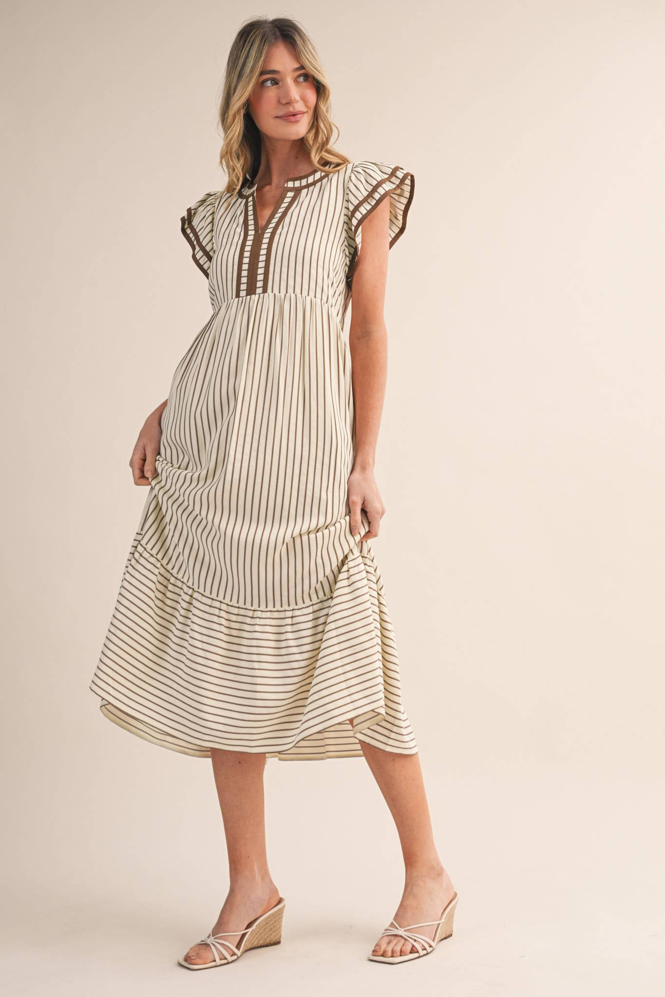 Maddi Striped Flutter Sleeve Midi