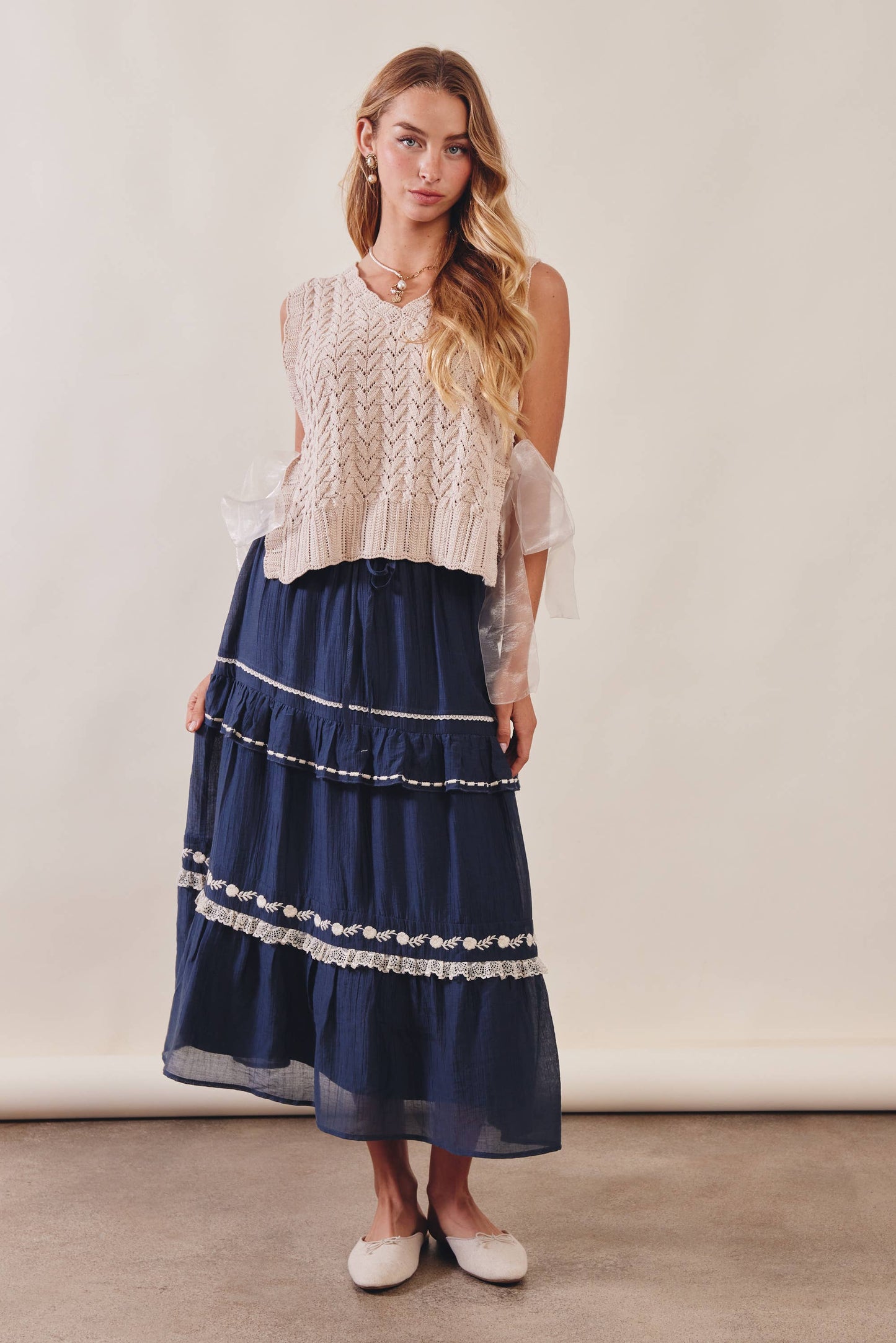 The Lace Trimmed Embroidered Tiered Maxi Skirt