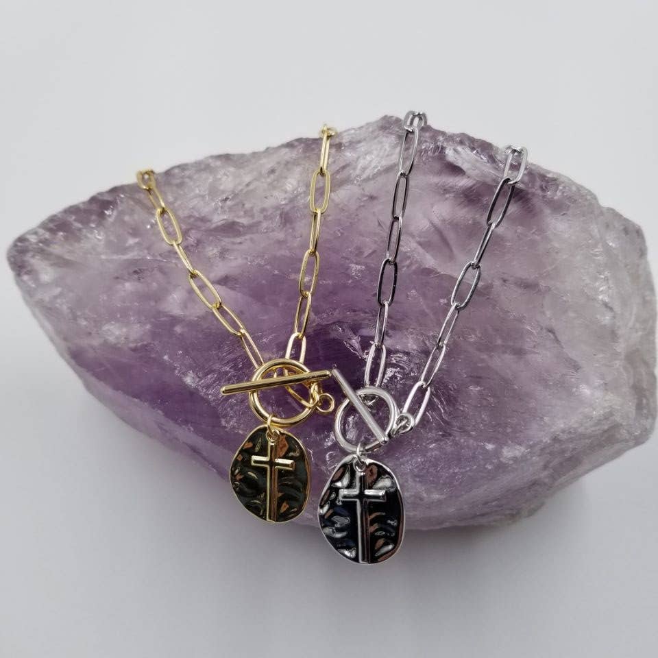 Hammered Cross Toggle Necklace