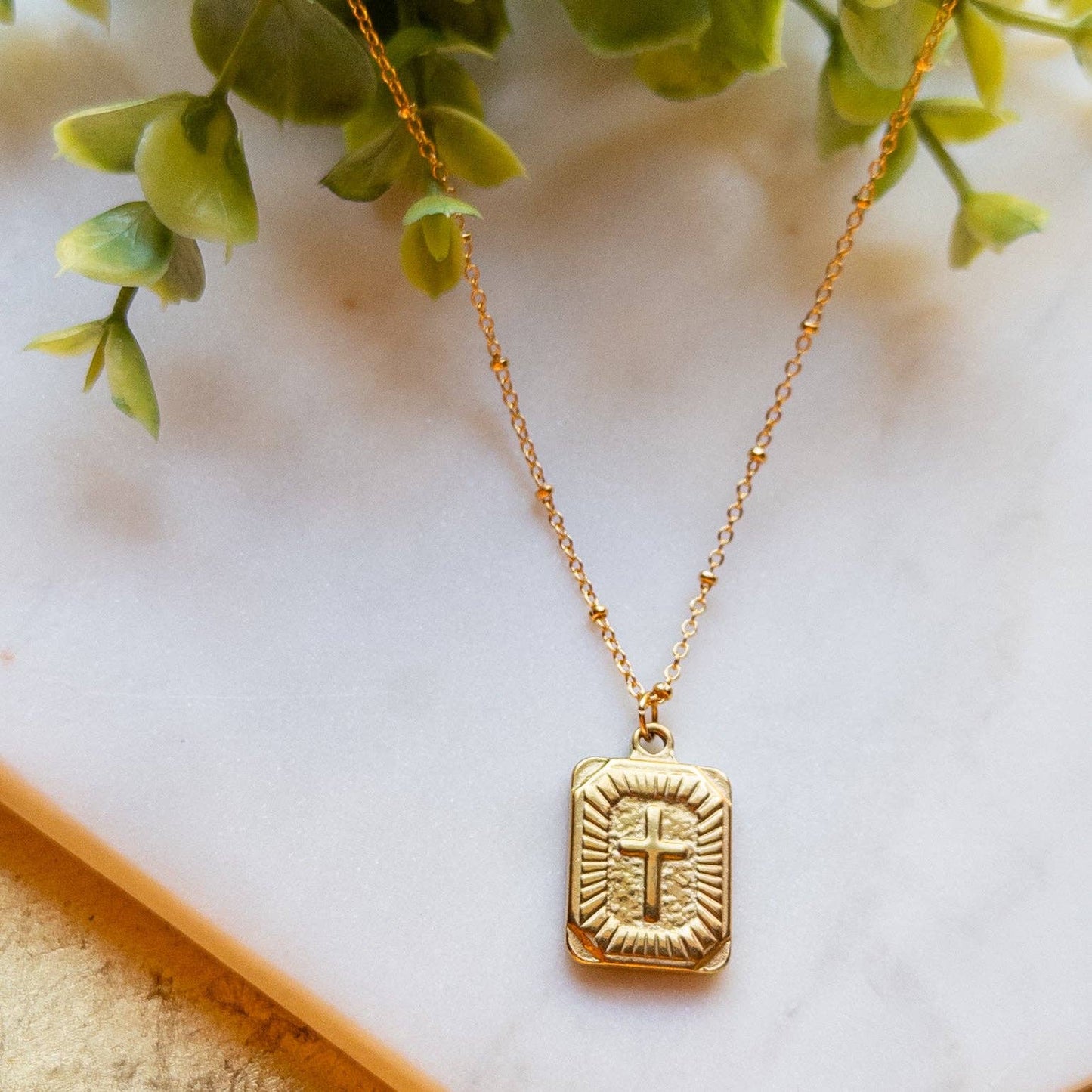 Gold Rectangle Cross Pendant with Beaded Chain