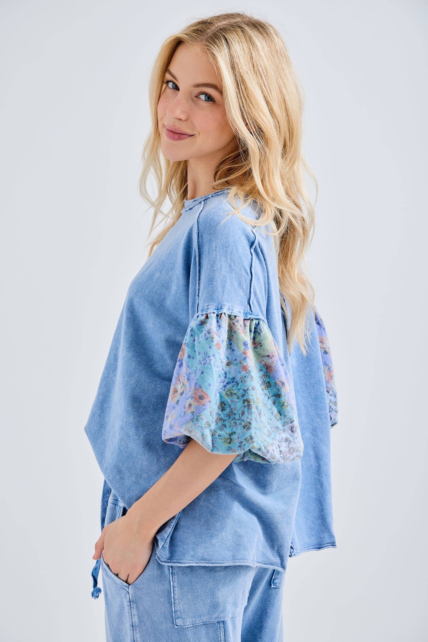 Mineral Washed Boho Patch Sleeve Top