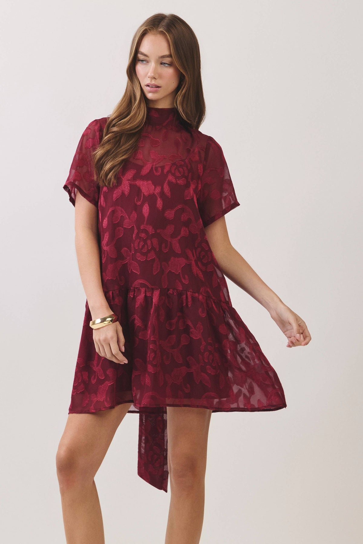 Sydney Floral Jacquard Tie-Neck Mini Dress