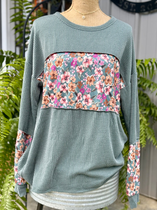 Lauren Ribbed and Floral Print Plus Top