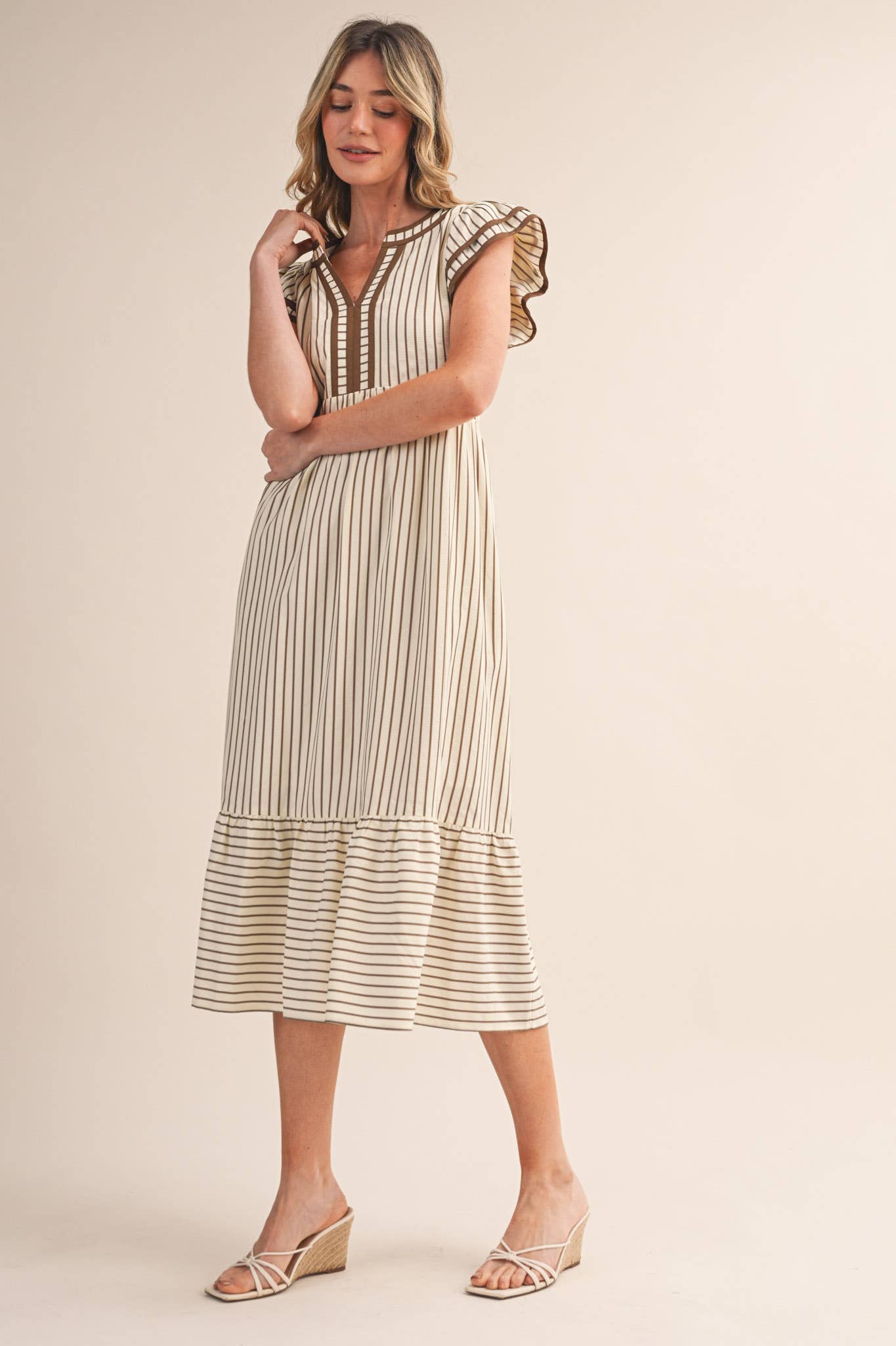 Maddi Striped Flutter Sleeve Midi