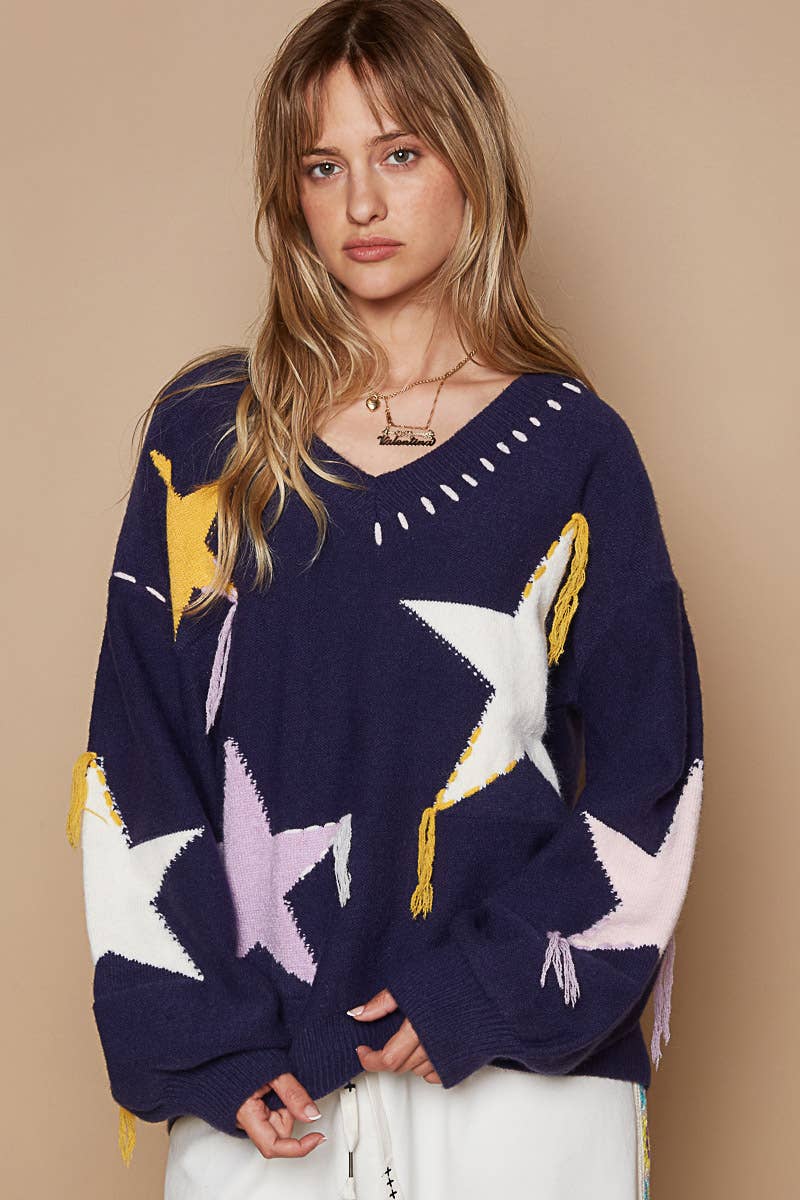 Star Fringed Oversized Sweater