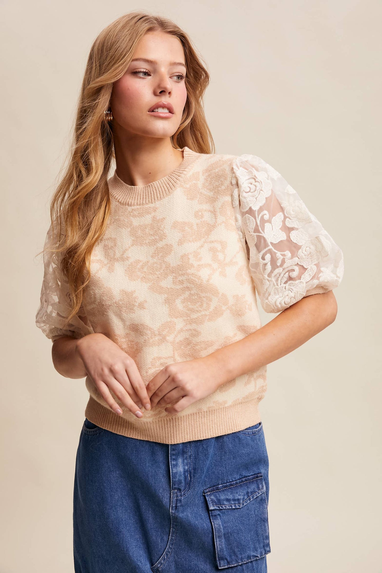 Rose Embroidered Contrast Knit Top