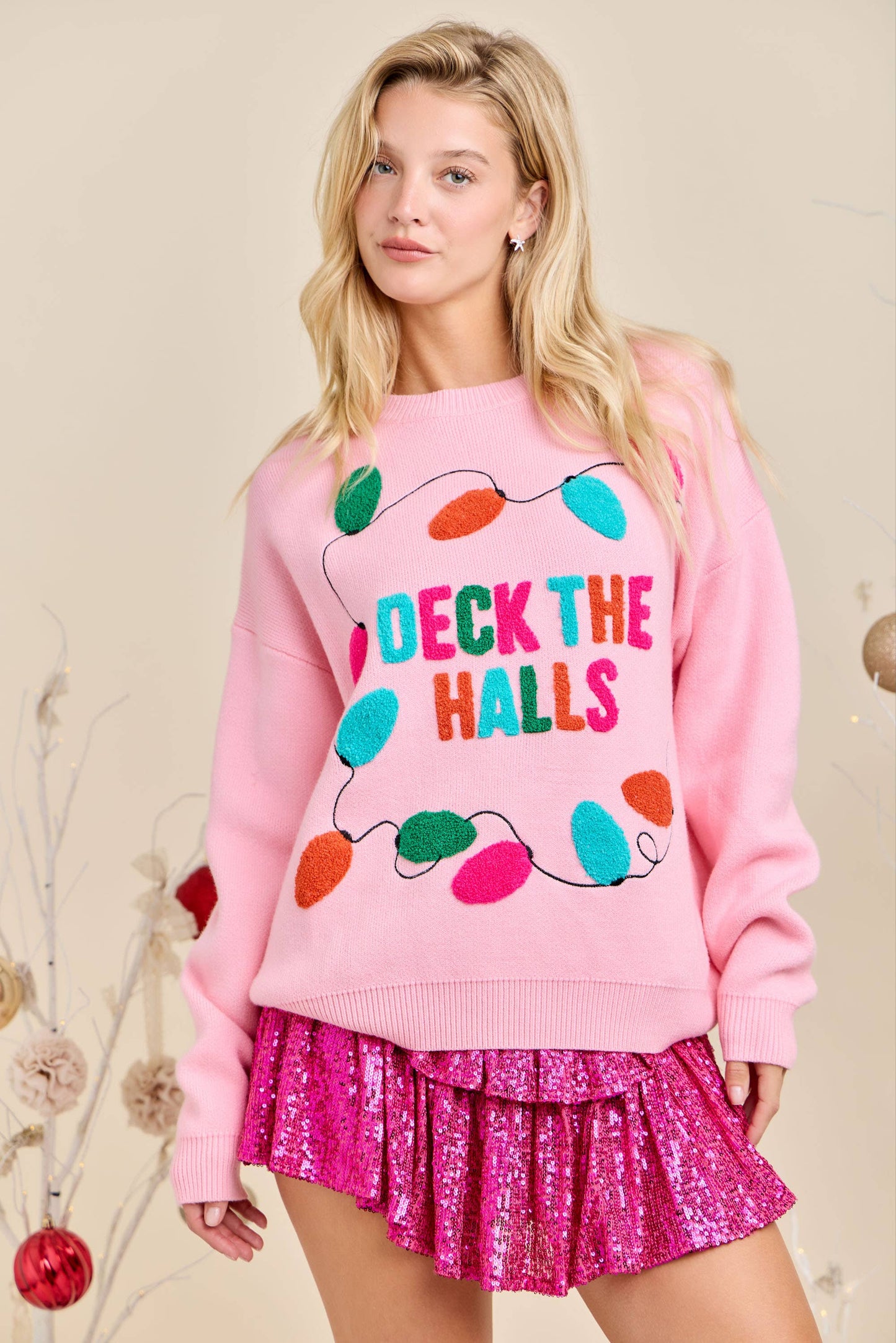 Deck the Halls Pink Christmas Sweater