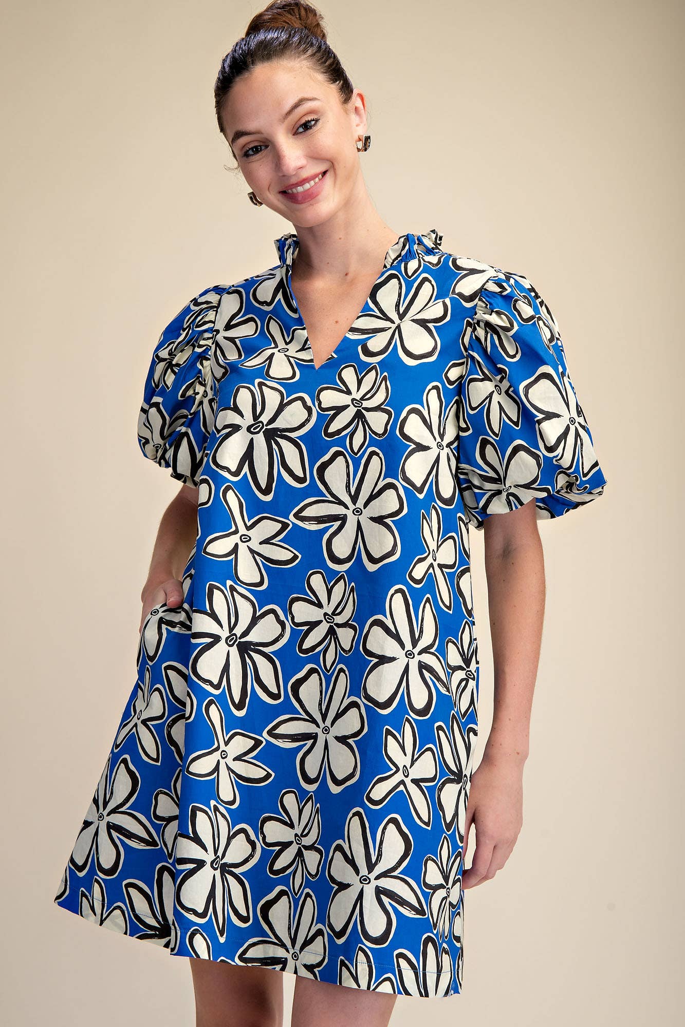 Holly Ruffle Neck Puff Sleeve Floral Dress