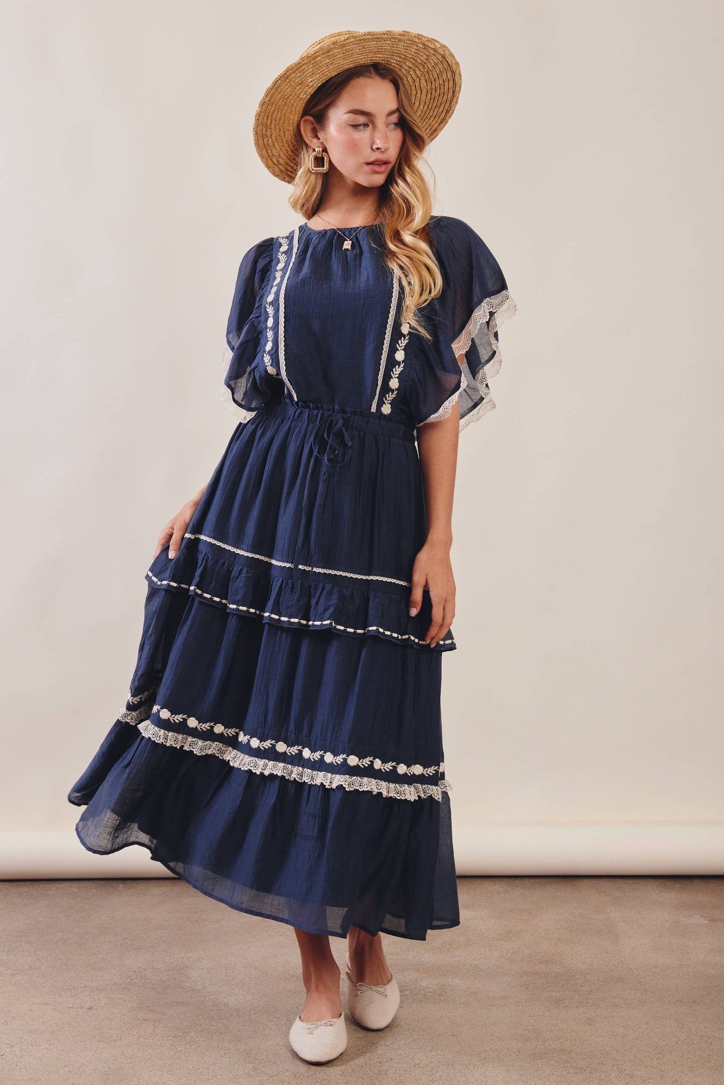 The Lace Trimmed Embroidered Tiered Maxi Skirt