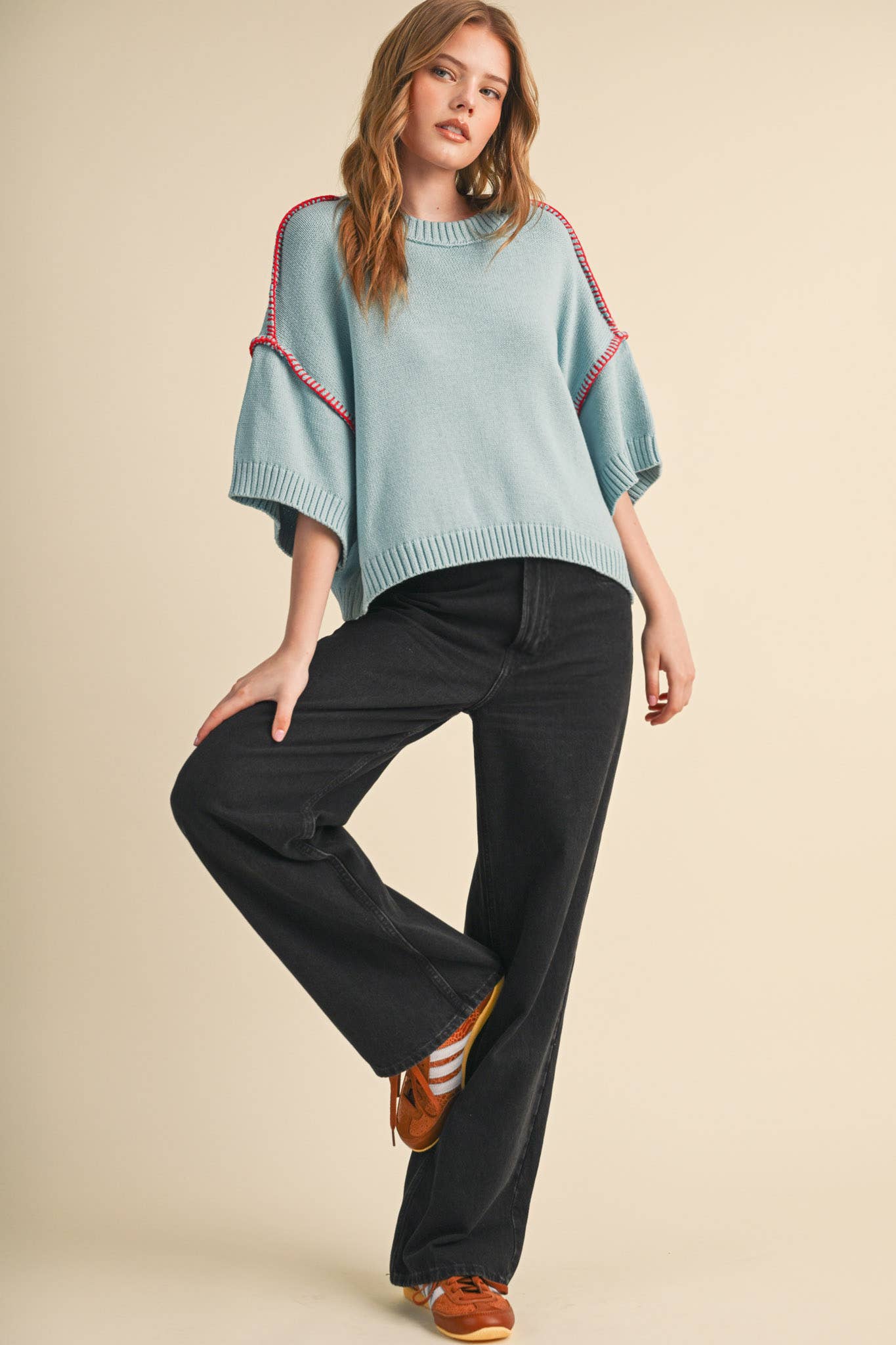 Lori Short Sleeve Blanket Stitch Sweater