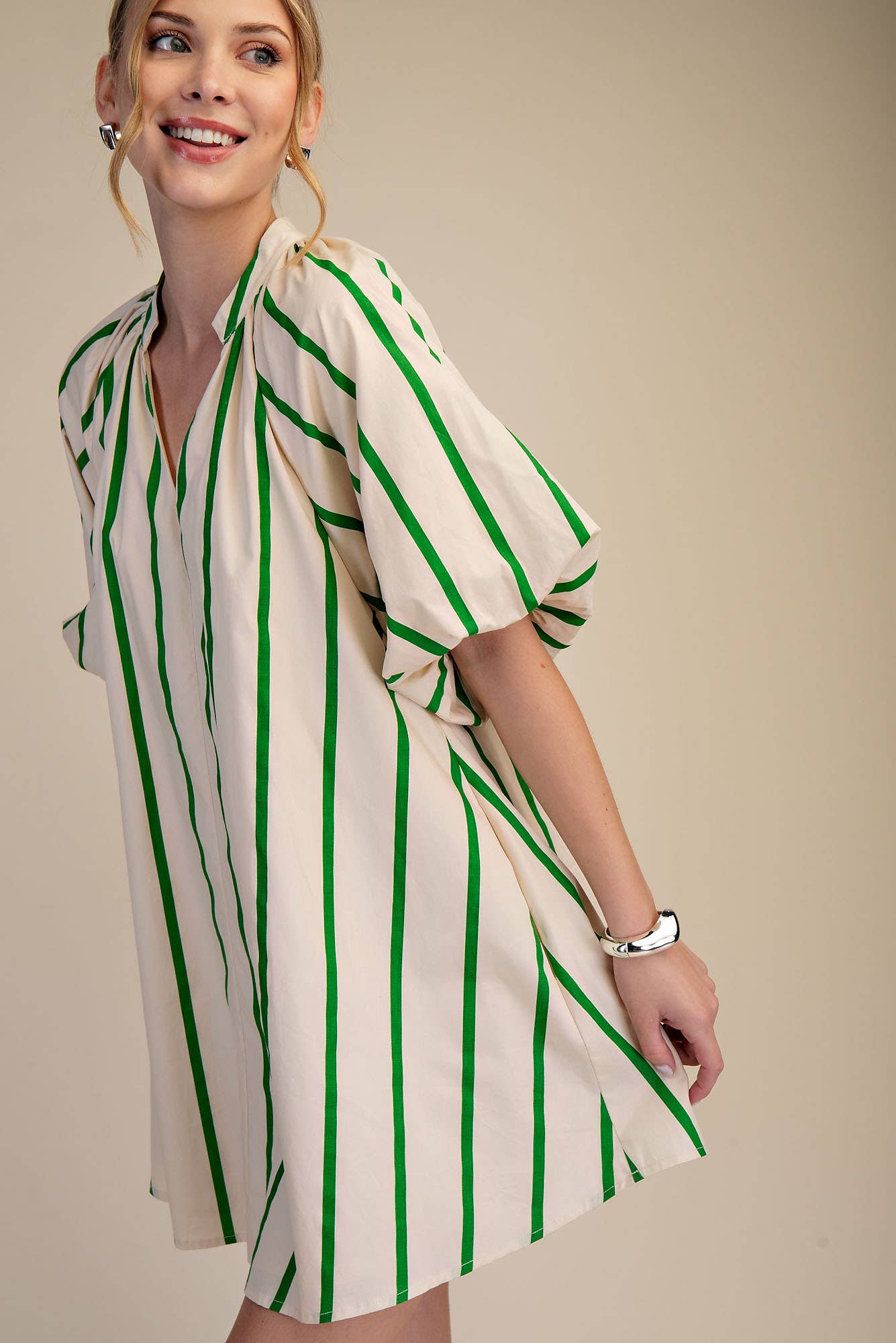 Riza Puff-Sleeve Stripe Swing Shift Dress