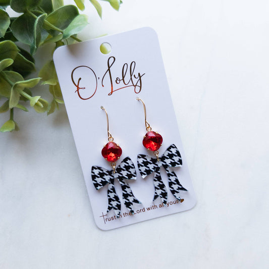 Houndstooth Acrylic Bow w/Red Stone Earrings
