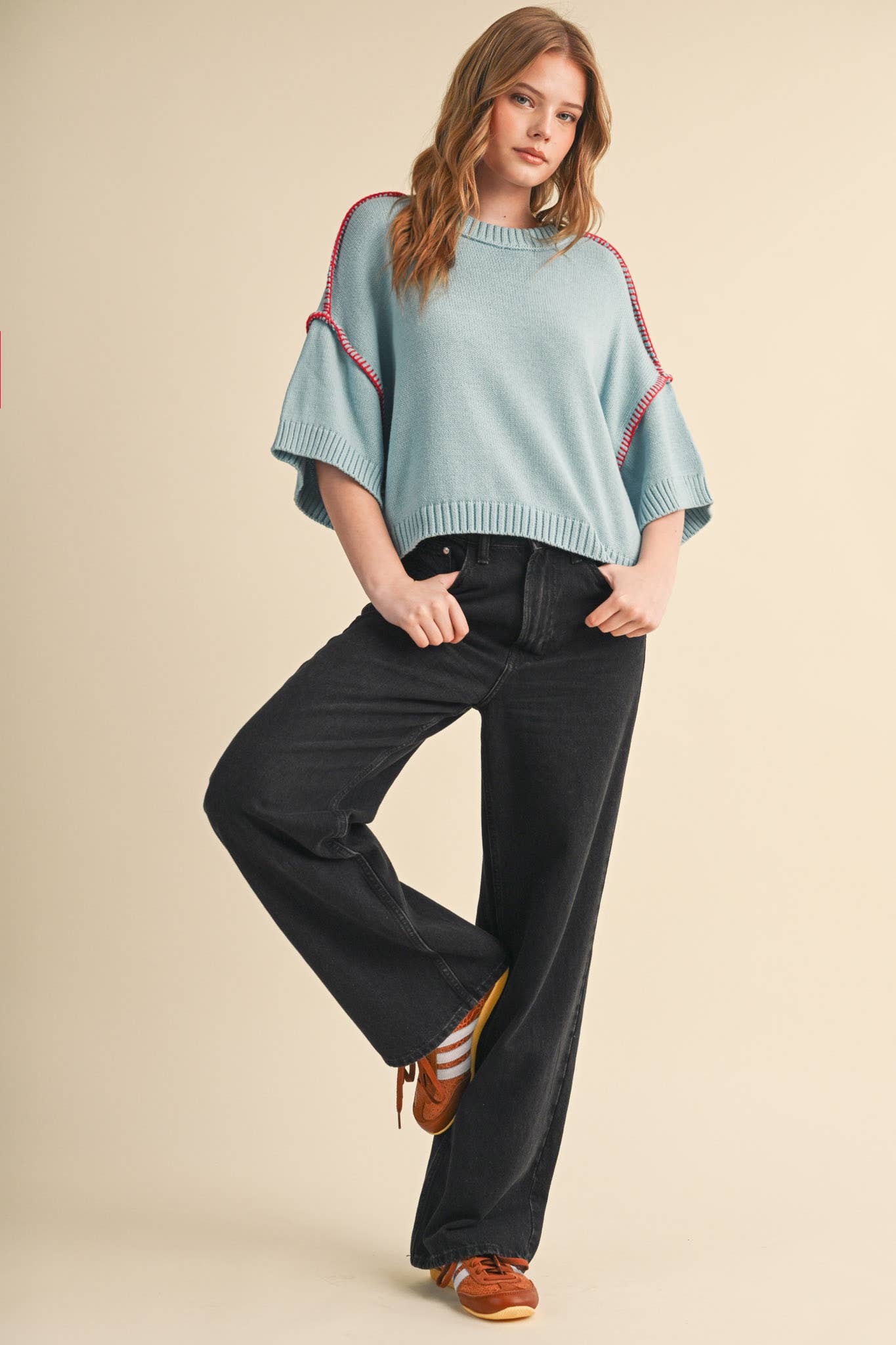 Lori Short Sleeve Blanket Stitch Sweater