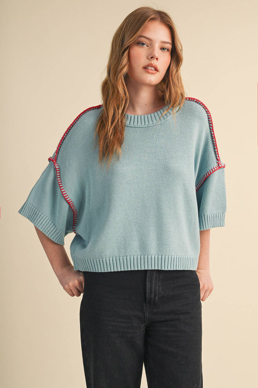 Lori Short Sleeve Blanket Stitch Sweater