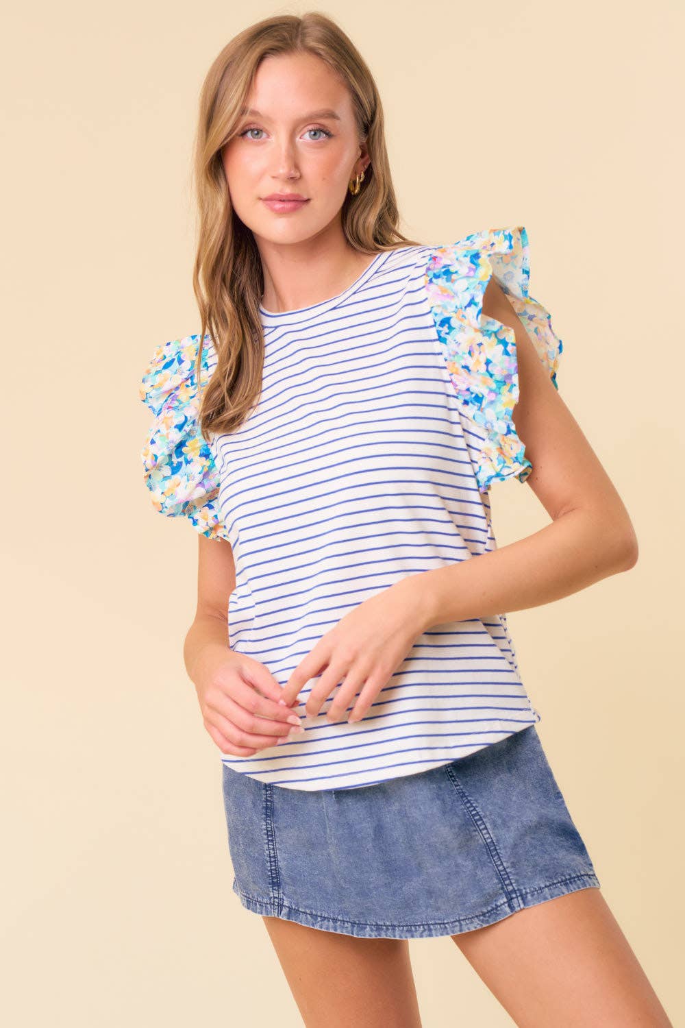 Daphne Ruffle Cap Sleeve Stripe & Floral Mixed Top