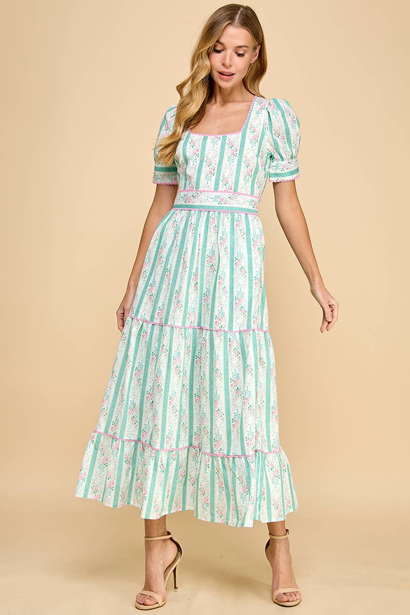 Victoria Striped Floral Midi Dress