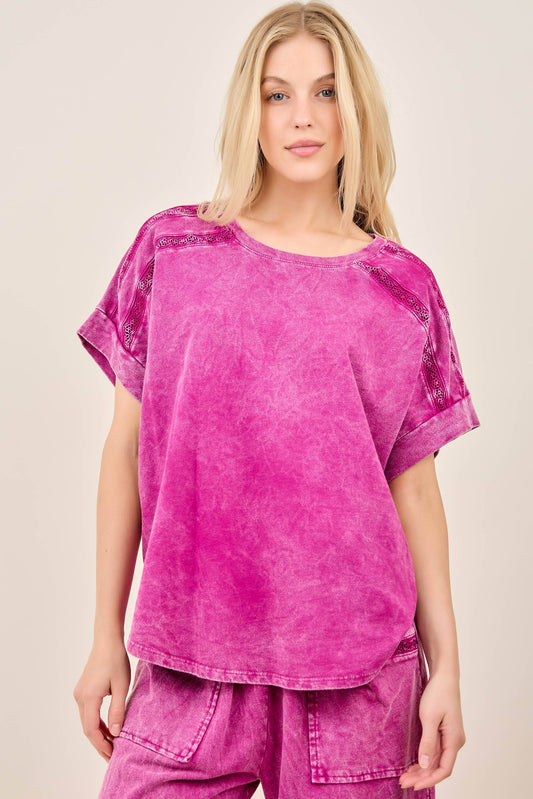 Mineral Washed Flower Trimmed Top
