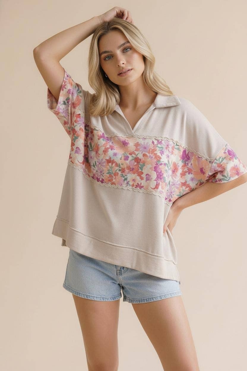 Floral Color Block Ric Rac Plus Top