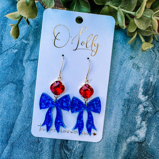 Acrylic Bow & Stone Earrings, Assorted Colors: Blue Bow