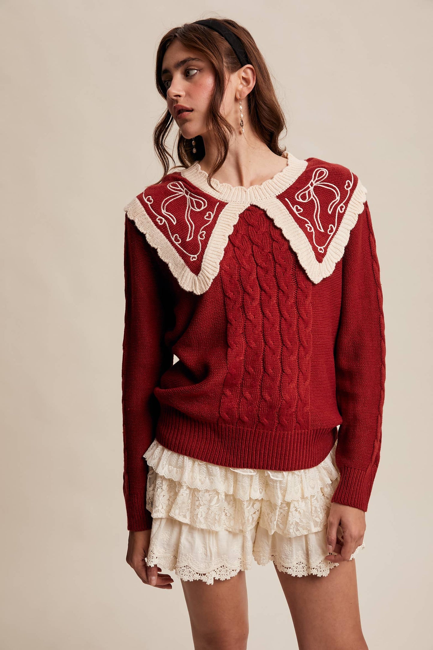 Bow Embroidered Cable Sweater