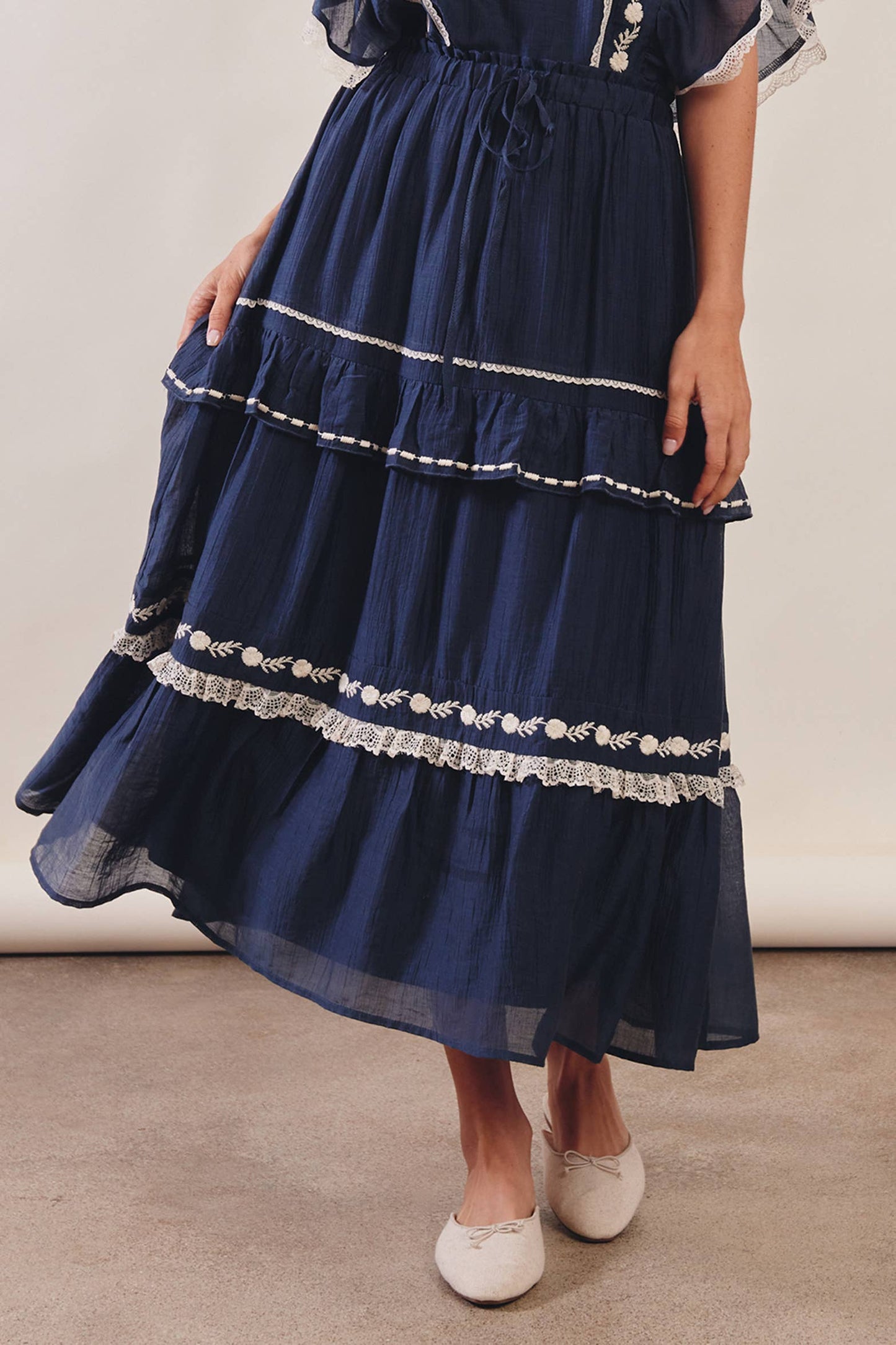 The Lace Trimmed Embroidered Tiered Maxi Skirt