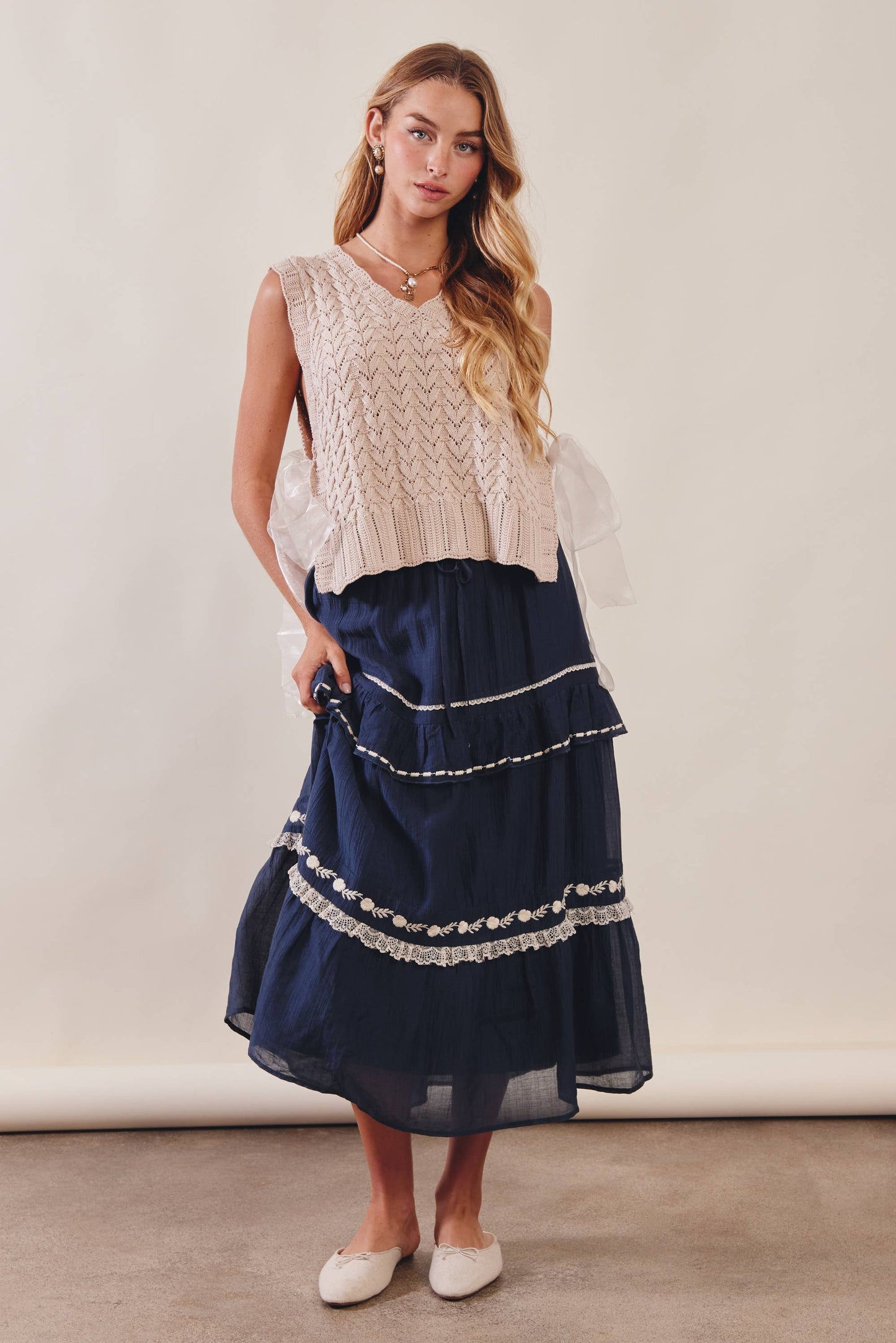 The Lace Trimmed Embroidered Tiered Maxi Skirt