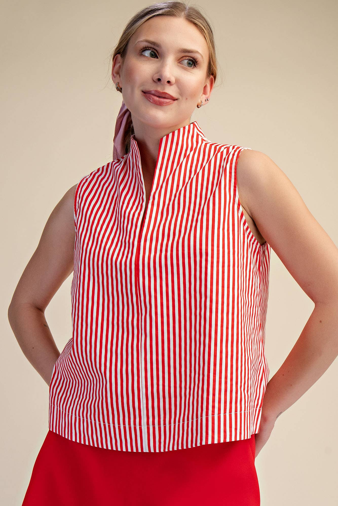 Jada Striped Sleeveless Collared Top