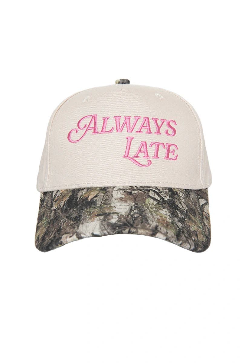 Always Late Vintage Style Trucker Hats: Camo and Tan