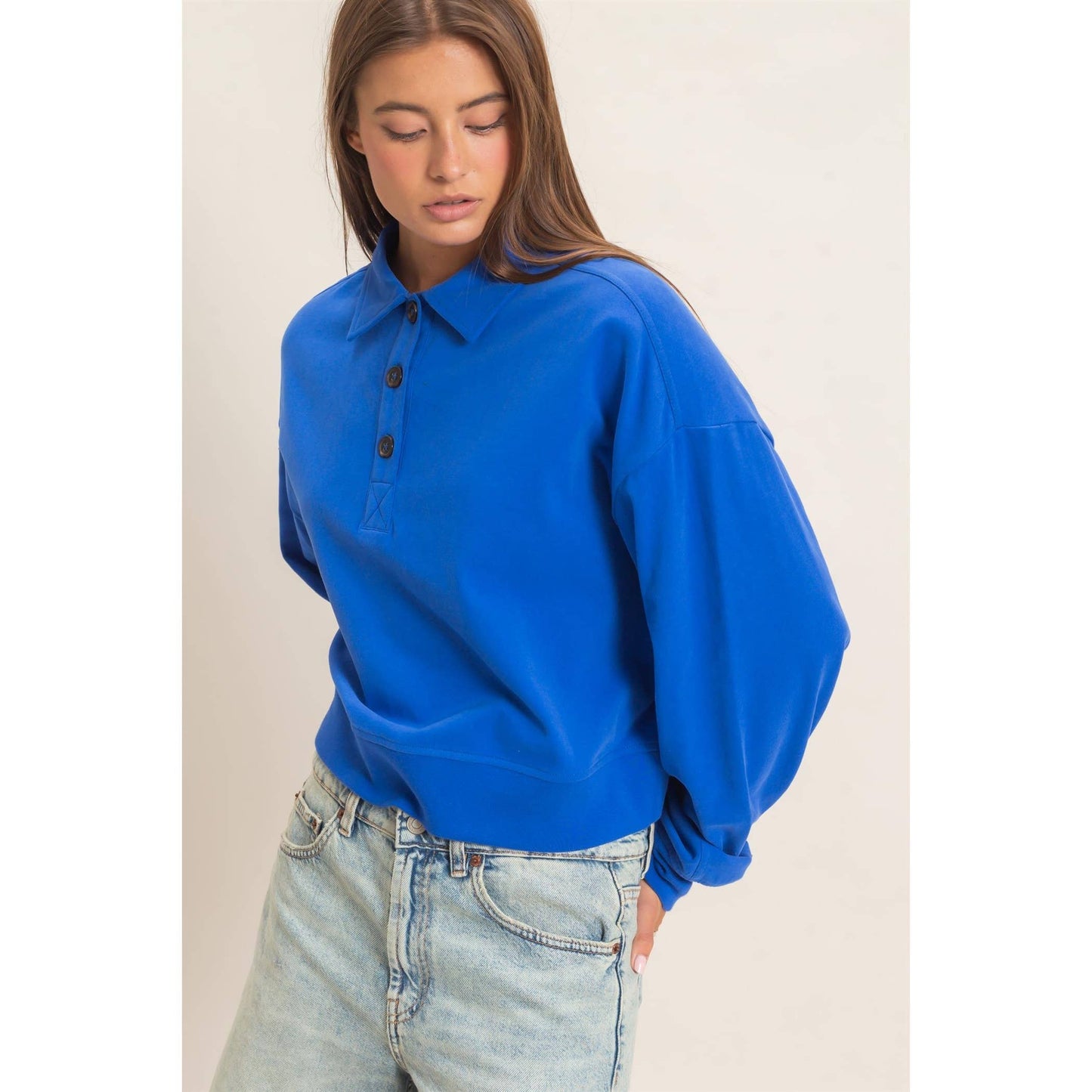 Washed Button-Front Collared Sweatshirt