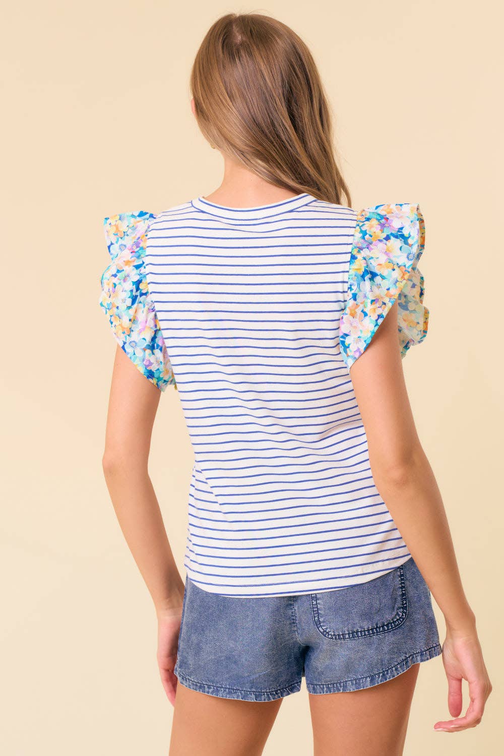 Daphne Ruffle Cap Sleeve Stripe & Floral Mixed Top