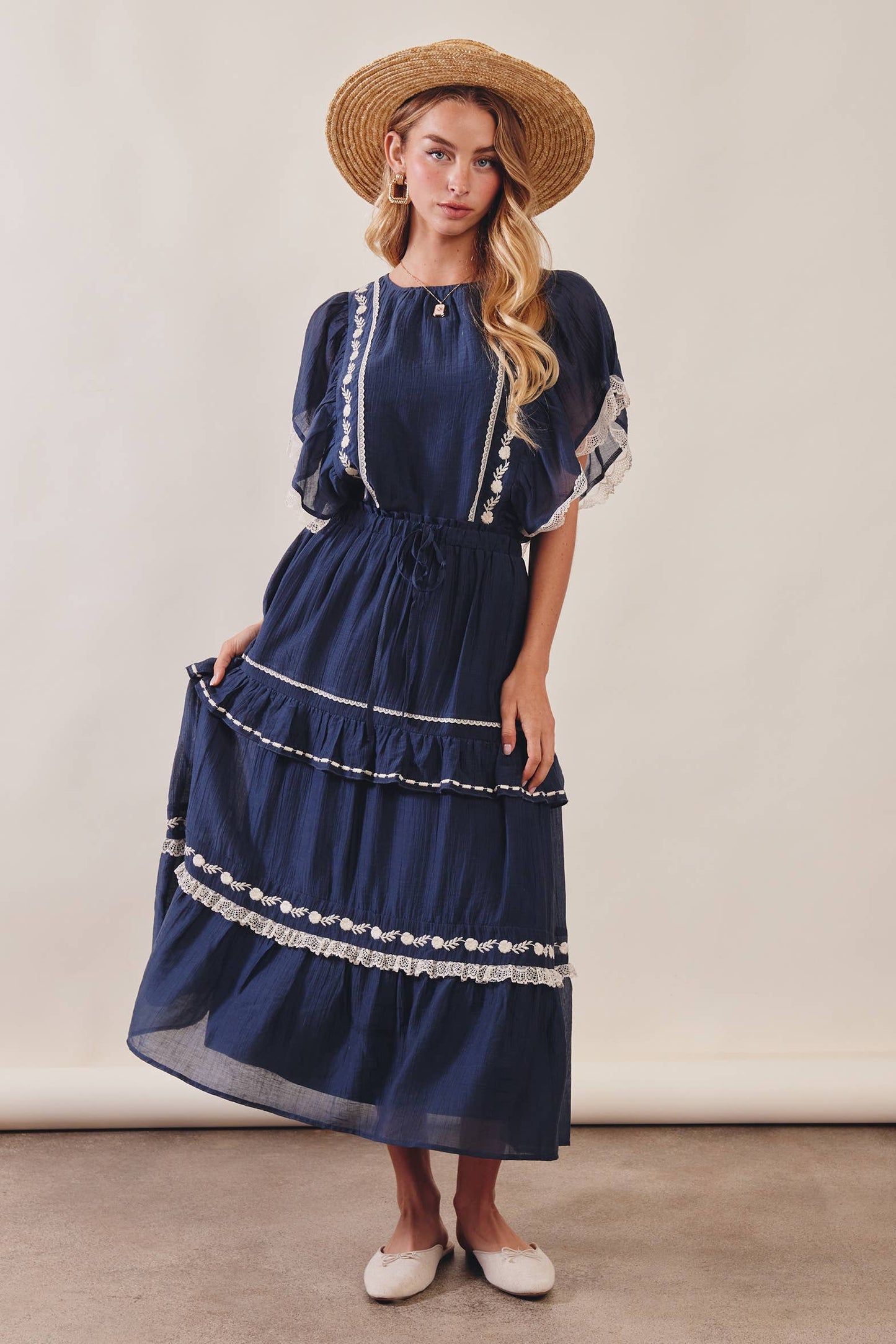 The Lace Trimmed Embroidered Tiered Maxi Skirt