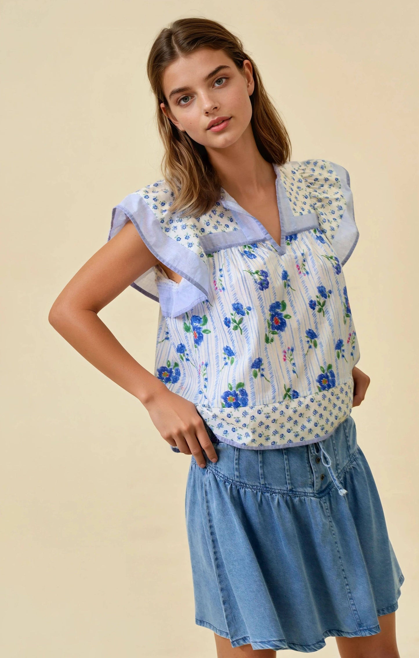 Heidi Mixed Print Flutter Sleeve Top
